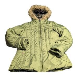 London Fog Girls Size 14/16 Green Puffer Jacket w/Fur Trimmed Hood FLAWS